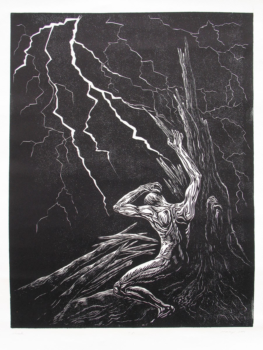 Classic Black White Original Woodcut Male Model Tree Struck by Lightning Night