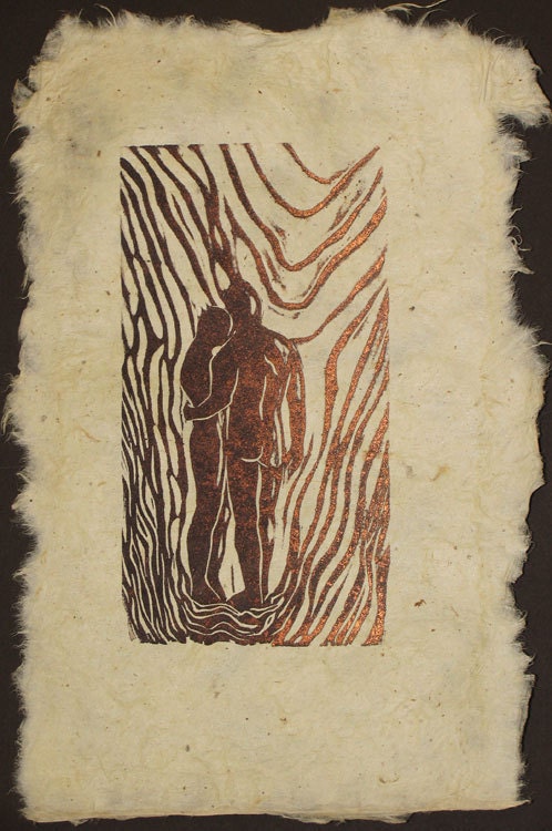 Couple Together Hopeful Look to Future In Love Original Woodcut Handmade Paper Ragged Edges LE