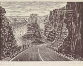 Original Wood Engraving Hand-pulled Print Lake Powell Crossing Desert Road Landscape Utah