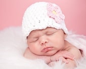 Baby Hat, 3 to 6 Month Baby Girl Crochet Cotton Flapper Beanie Hat - White with Pink Daisy Flower Photo Prop Baby Girl Hat