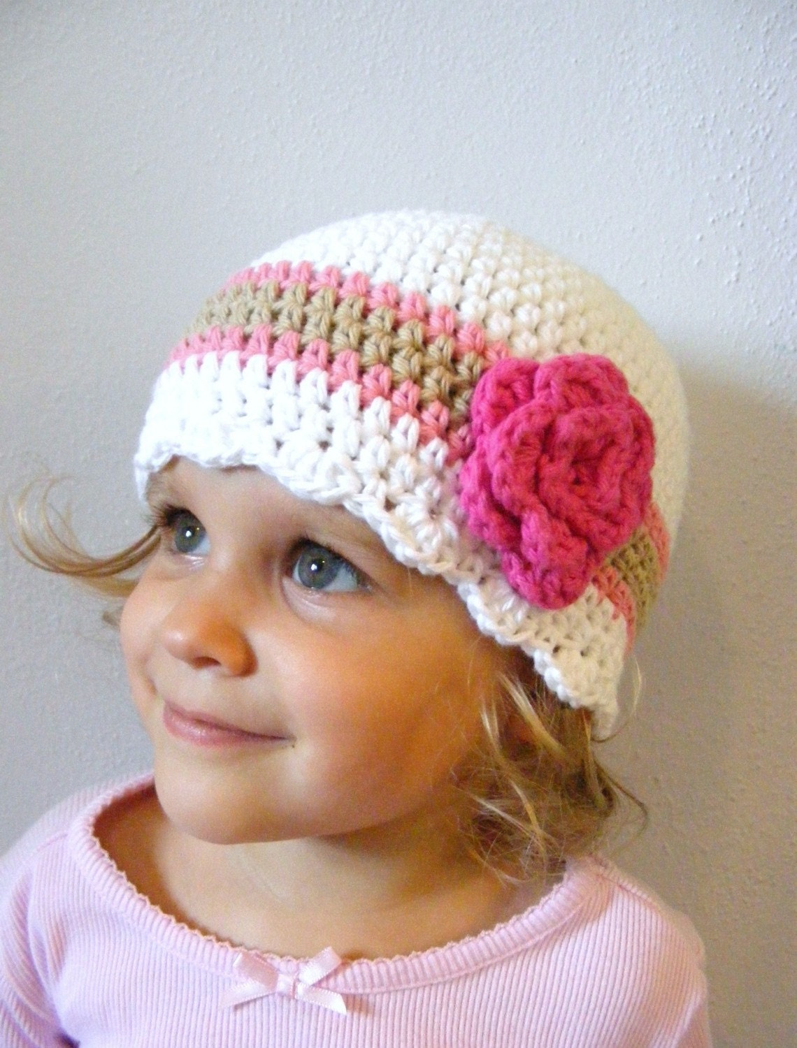 Girls Hat, 1T to 2T Toddler Girl Crochet Cotton Striped Flapper Beanie Hat - Neapolitan White, Pink, Tan Toddler Hat for Toddler Girls