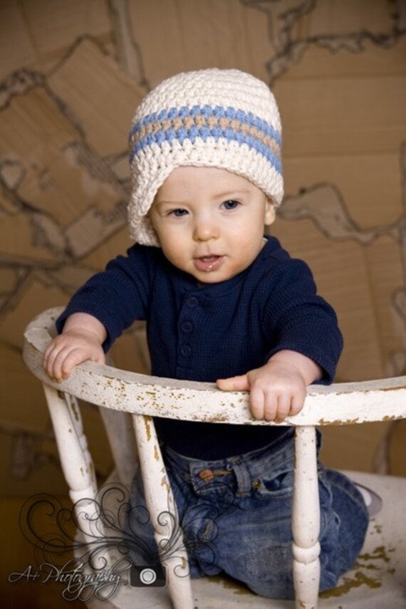 Baby Hat, 3 to 6 Month Baby Boy Crochet Cotton Striped Visor Beanie - Ecru, Light Blue, Khaki Trendy Warm Photo Prop Baby Hat