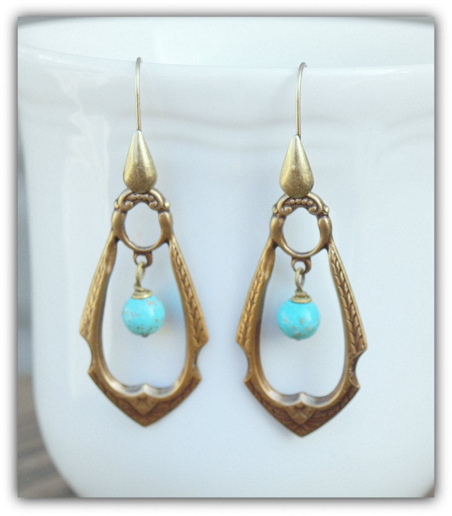Brass Art Deco Pendant Earrings with Turquoise Drop