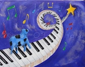 Cow Art Piano Art  Stars Yellow  Blue Purple  Folk Art  Original Acrylic painting 16 x 20 framed - RisingStarArt