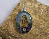 Elegant Fine Silver Sacred Heart of Our Lady Pendant - Angel Wings, Glitter and Real Flowers -  Fine Silver (Anti-Tarnish Pouch) - Maria