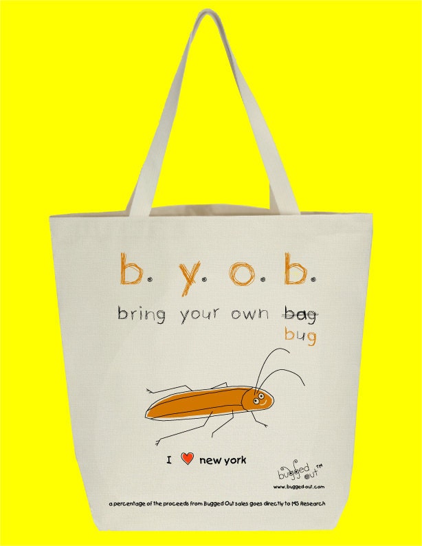 Bugged Out I love New York Cockroach Bag - reusable cotton canvas tote with a whimsical cockroach