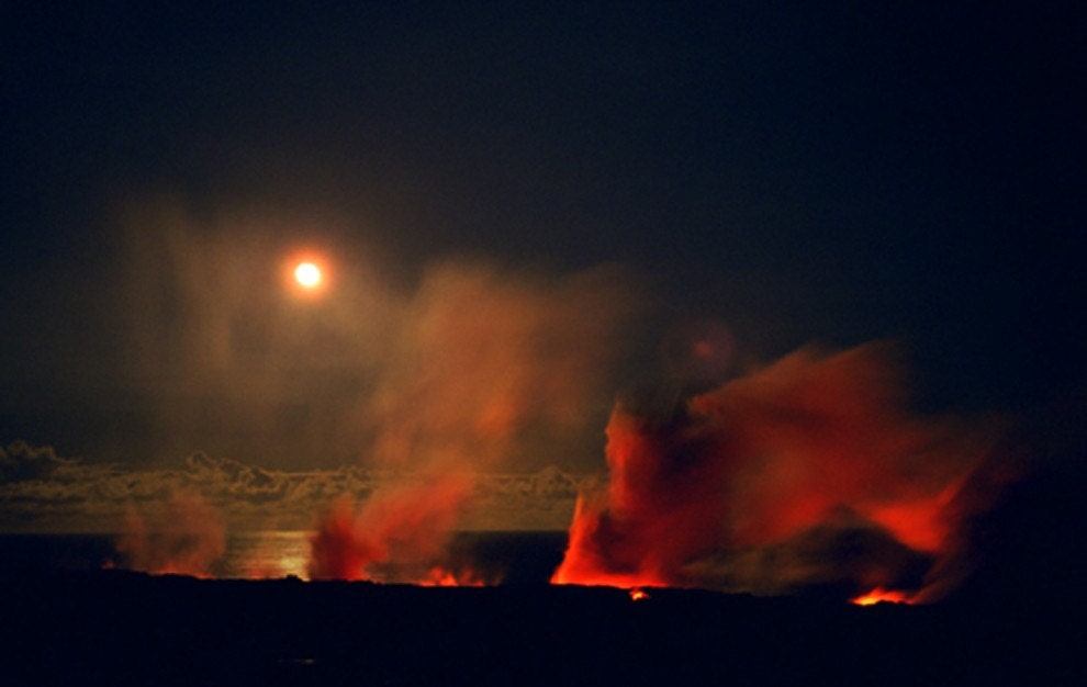 Peles Moonlit Dance Photo Greeting Card Fine Art Volcano Photography Full Moon Dark Night Lava Landscape Nature Fathers Day Card