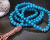 Japa Mala Prayer Beads Aqua Wood on Leather