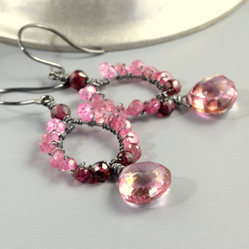 RESERVED For MK - Tourmaline Pink Quartz Earrings Oxidized Sterling