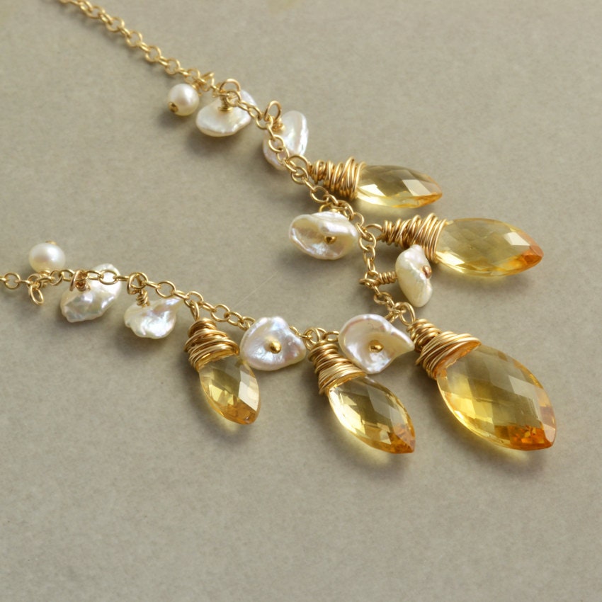 Citrine, White Keishi Pearl Necklace, Gold Filled, November Birthstone