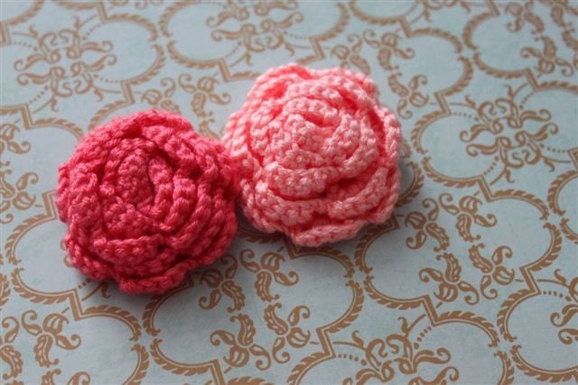 Lot of 2 Light and Dark Salmon Pink Crochet Flower Appliques - 3D Ruffled Rose