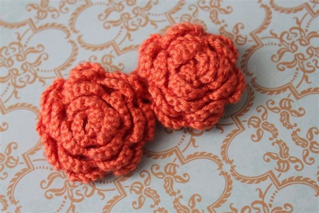 Lot of 2 Deep Carrot Orange Crochet Flower Appliques - 3D Ruffled Rose