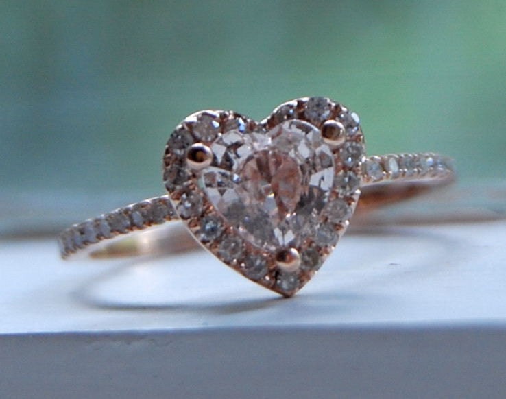 0.85ct Heart peach champagne sapphiire ring 14k rose gold diamond ring