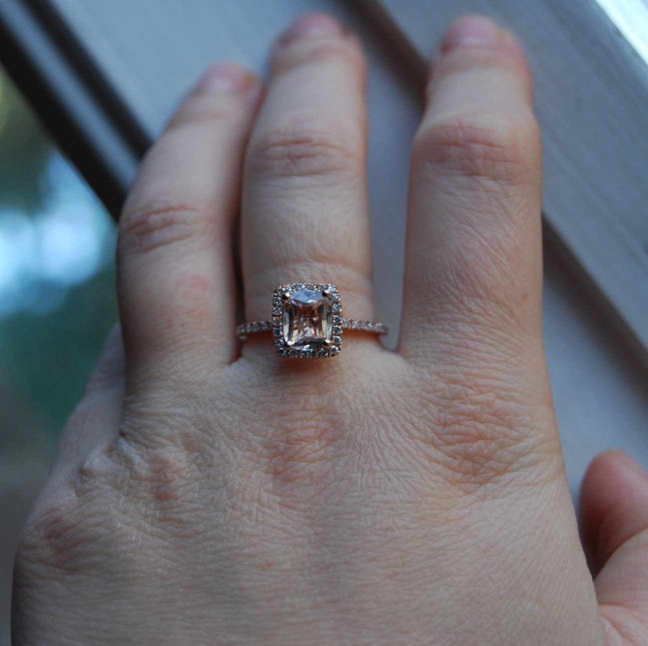1.8ct Cushion peach champagne sapphire in 14k rose gold diamond ring