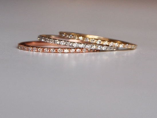 Skinny and stackable eternity diamond wedding band 14k WHITE or ROSE or YELLOW gold