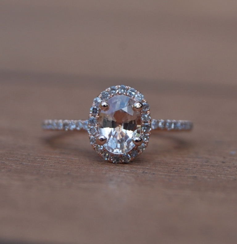 Oval champagne peach sapphire diamond ring 14k rose gold
