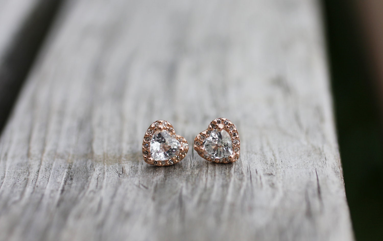 reserved - Heart white sapphire diamond earrings 14k rose gold