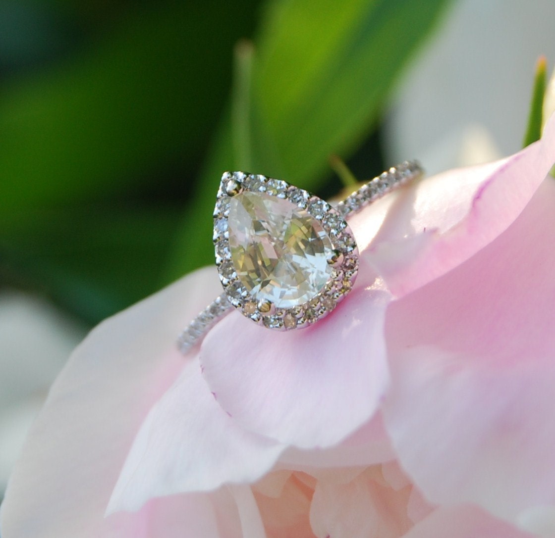 1ct Champagne yellow pear sapphire diamond ring 14k white gold