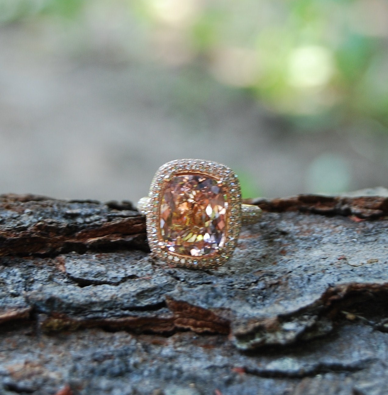 Cocktail cushion Morganite - peach champagne rose gold diamond ring