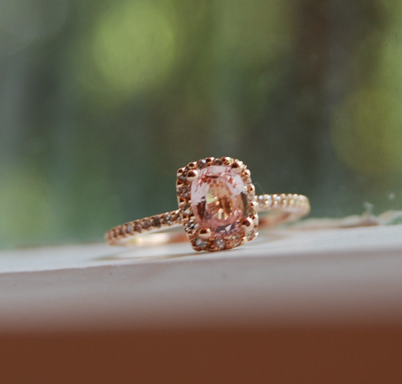 1ct Cushion peach champagne sapphire in 14k rose gold diamond ring