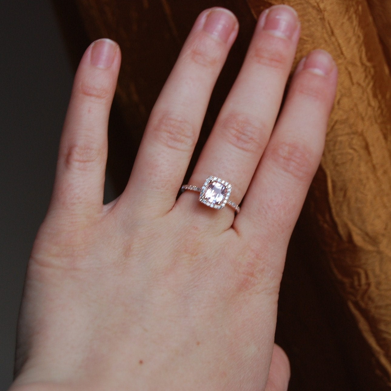 1.18ct Cushion peach lavender champagne sapphire in 14k rose gold diamond ring