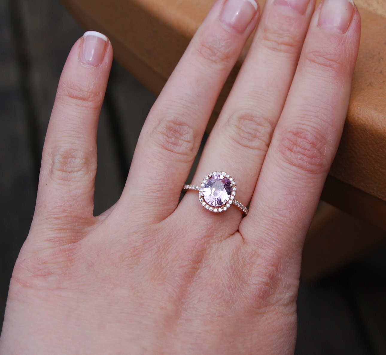 2.2ct oval lavender  peach champagne sapphire in 14k rose gold diamond ring-on hold