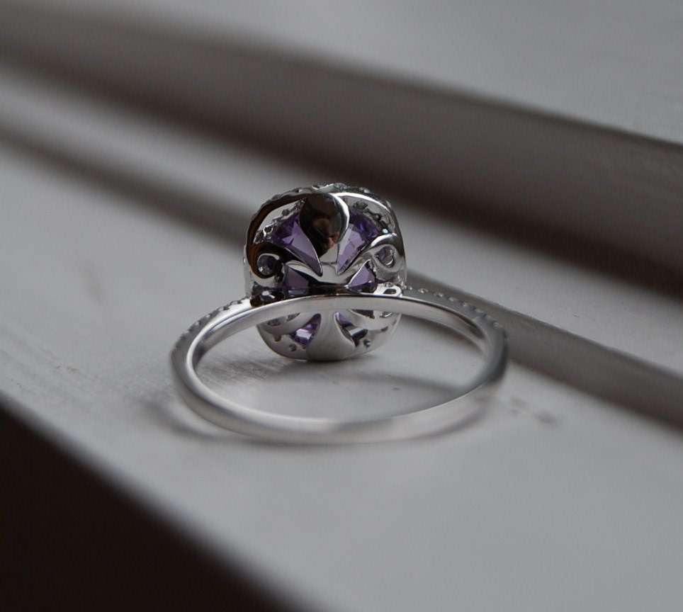 2.6ct Cushion Plum color change sapphire 14k white gold diamond engagement ring