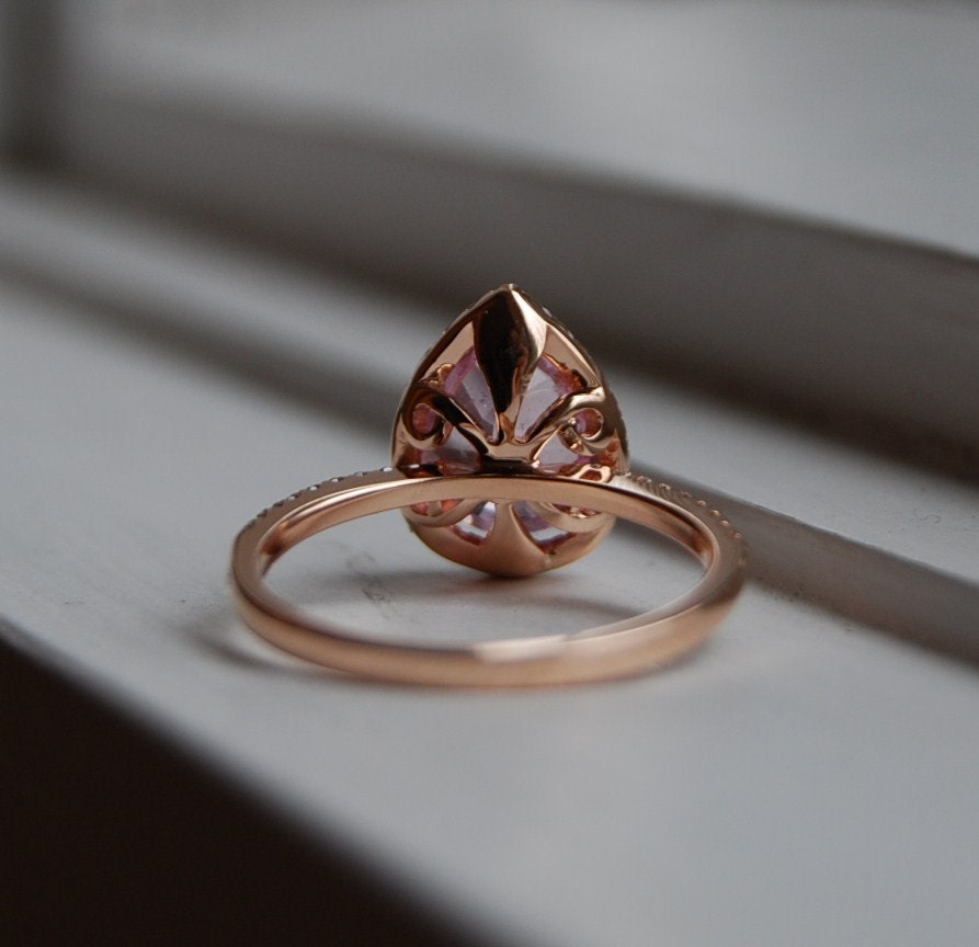 2.2ct Peach pink champagne tear drop sapphire and rose gold diamond engagement ring