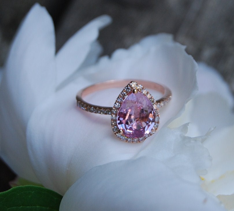 2.2ct Peach pink champagne tear drop sapphire and rose gold diamond engagement ring