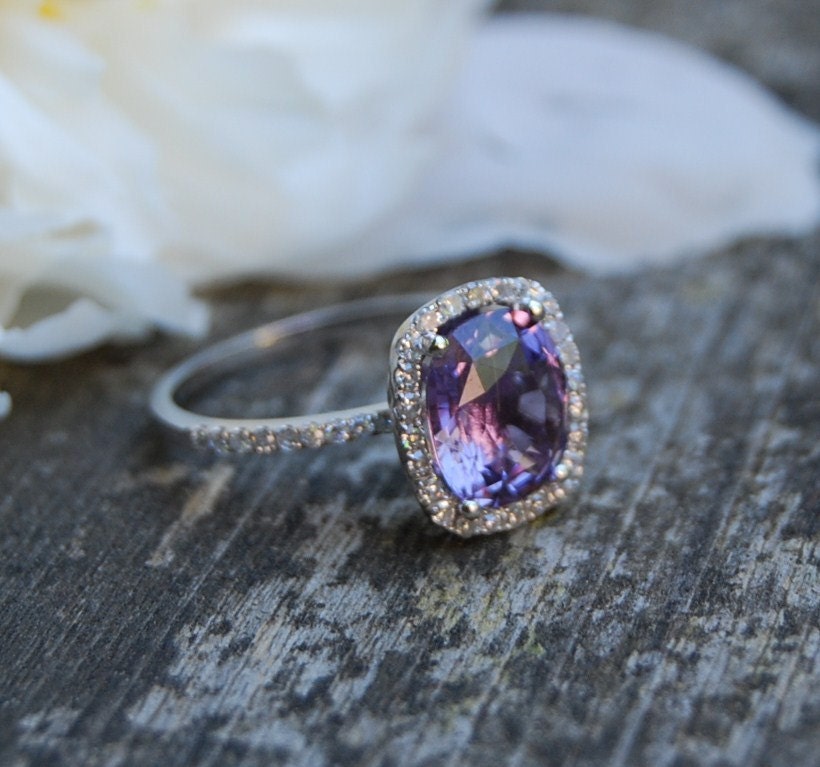 2.6ct Cushion Plum color change sapphire 14k white gold diamond engagement ring
