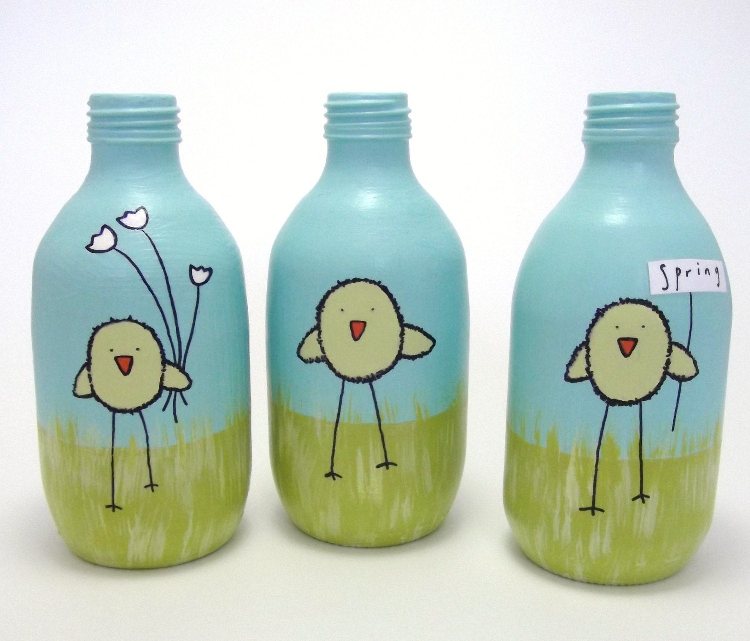 chicken with tulips painted glass bottle