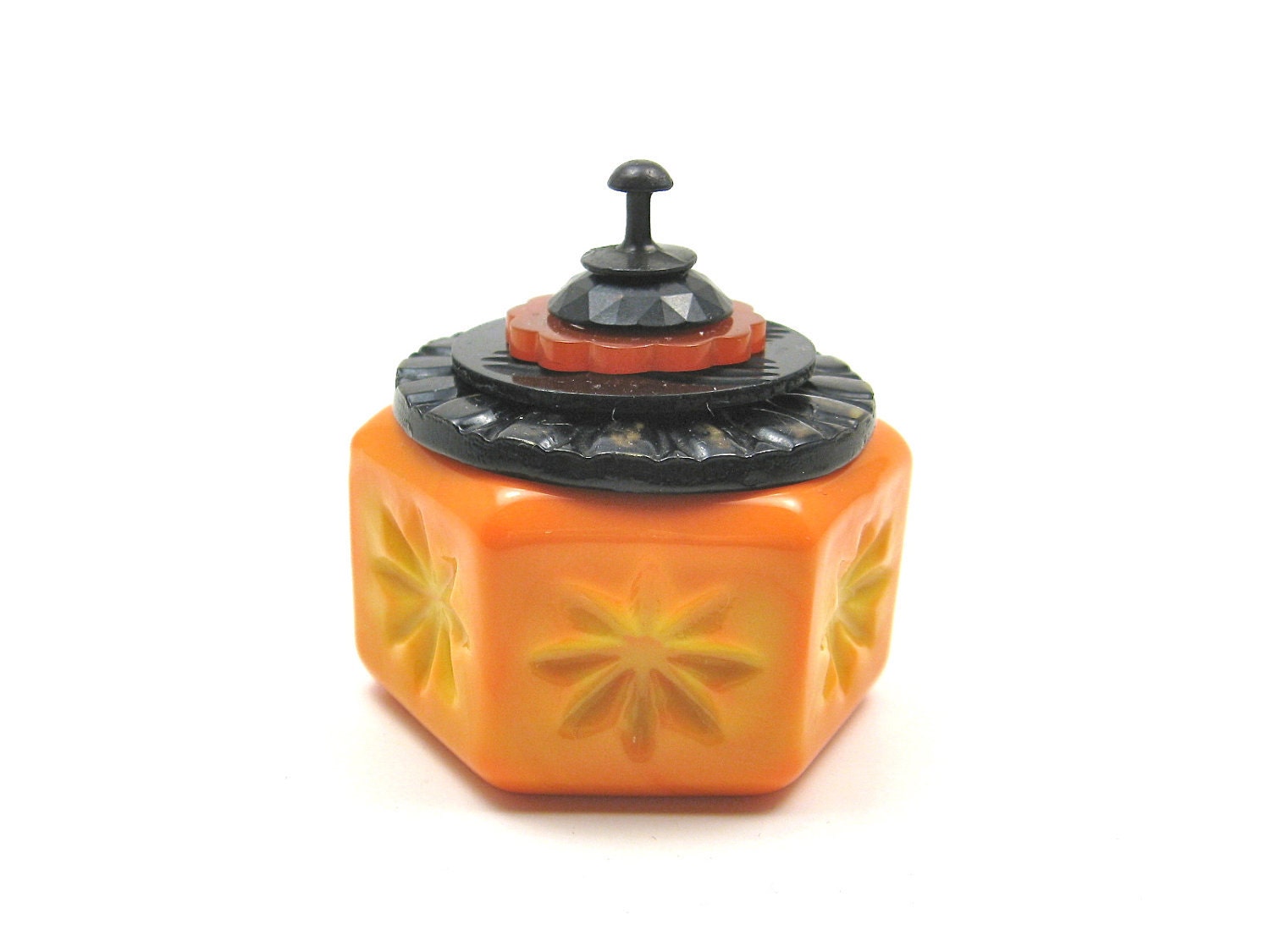 Orange Glass Salt Cellar Small Ring Box with Black Vintage Button Lid