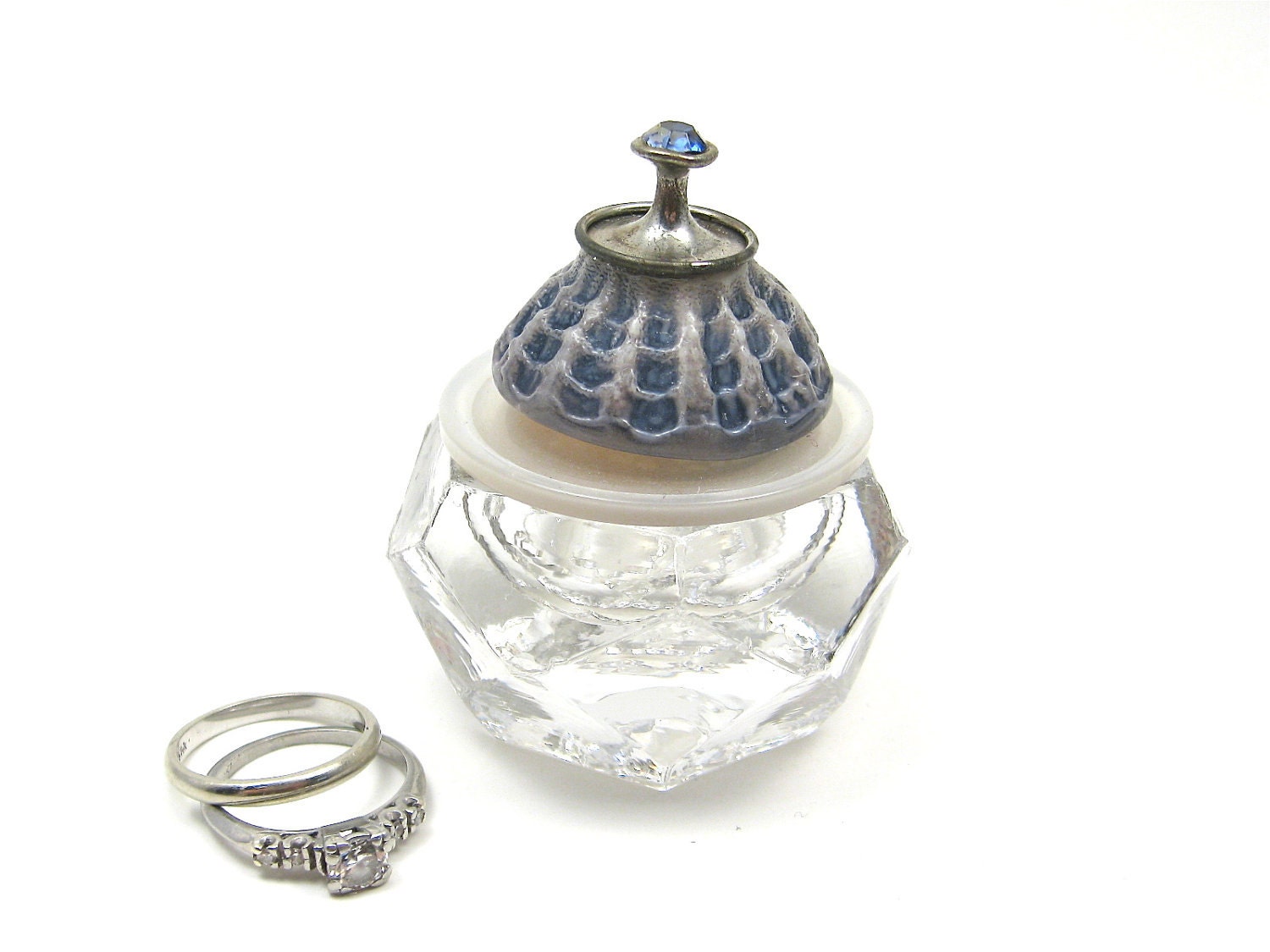 Baby Blue Salt Cellar Small Ring Engagement Box with Vintage Button Lid
