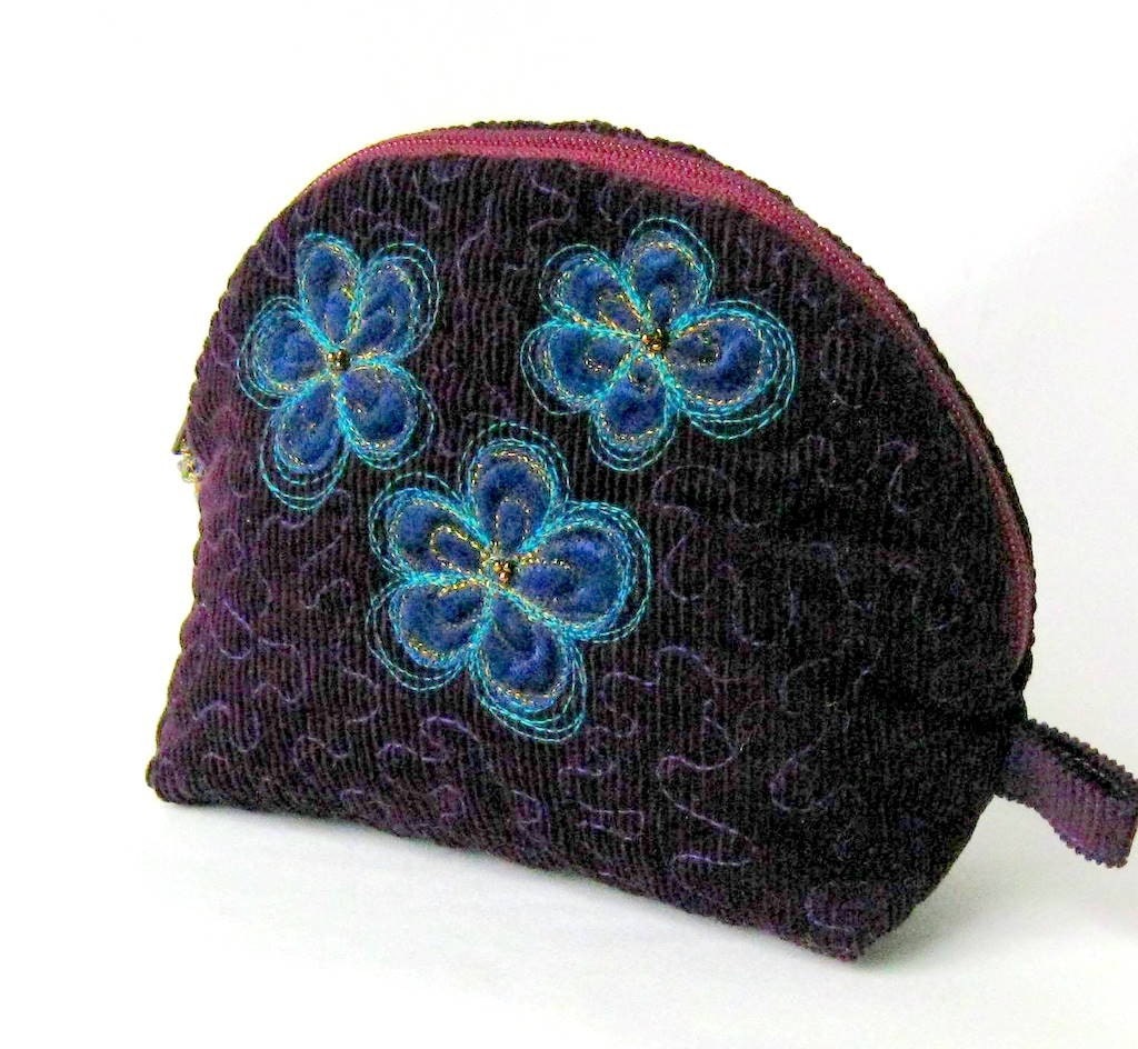 Pouch cosmetic purple zipper applique blue velvet