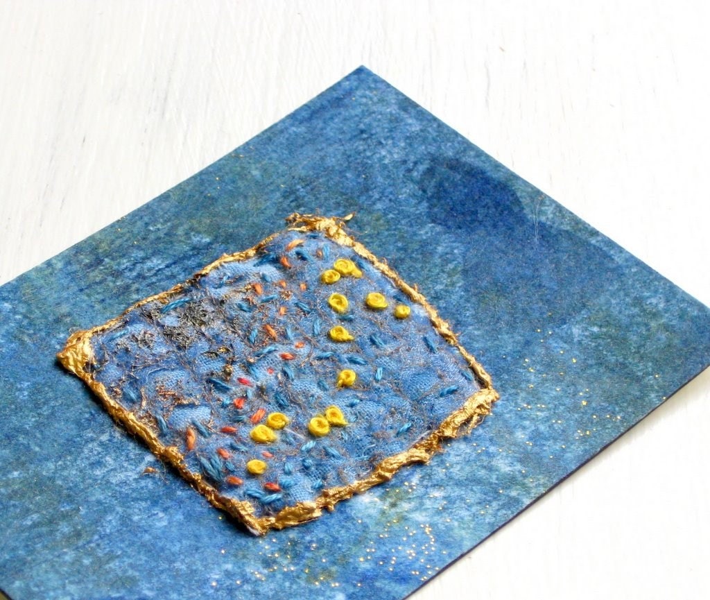 ACEO, blue hand embroidered original OOAK