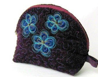 Pouch cosmetic purple zipper applique blue velvet