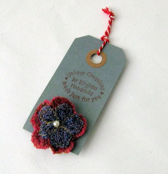 Brooch fiber art unique blue red Danish