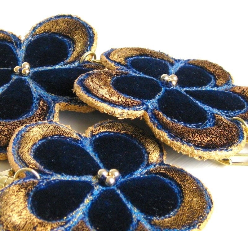 Keyring flower dark blue velvet golden handmade unique