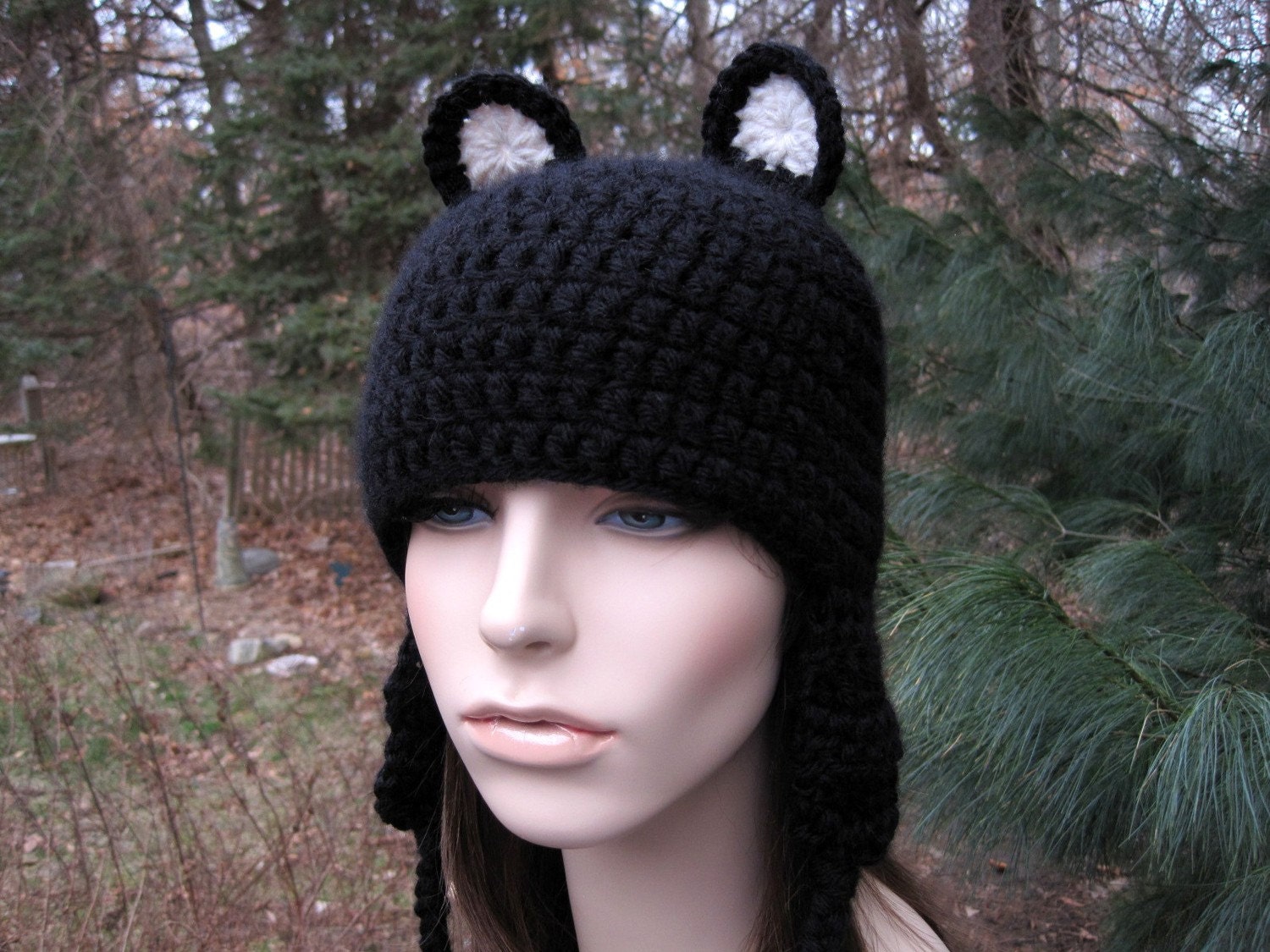 Crochet Hat, Crochet Womens Hat, Teen Hat, Crochet Bear Hat, Animal Hat, Ear Flap Hat, Halloween Hat, Black, Beanie