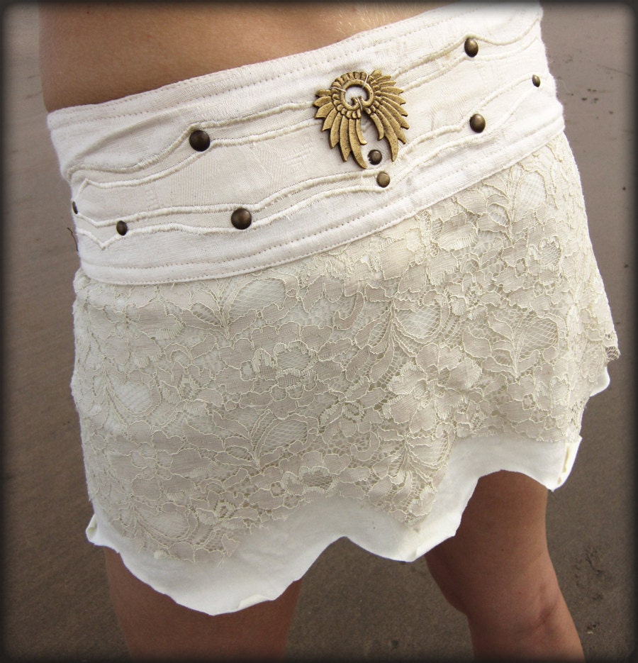 SHORT PIXIE SKIRT - Organic Mini Wrap around - Faery fairy costume - Bride Wedding - Off white Cream - Size M/Lg: Pss-Ow-2