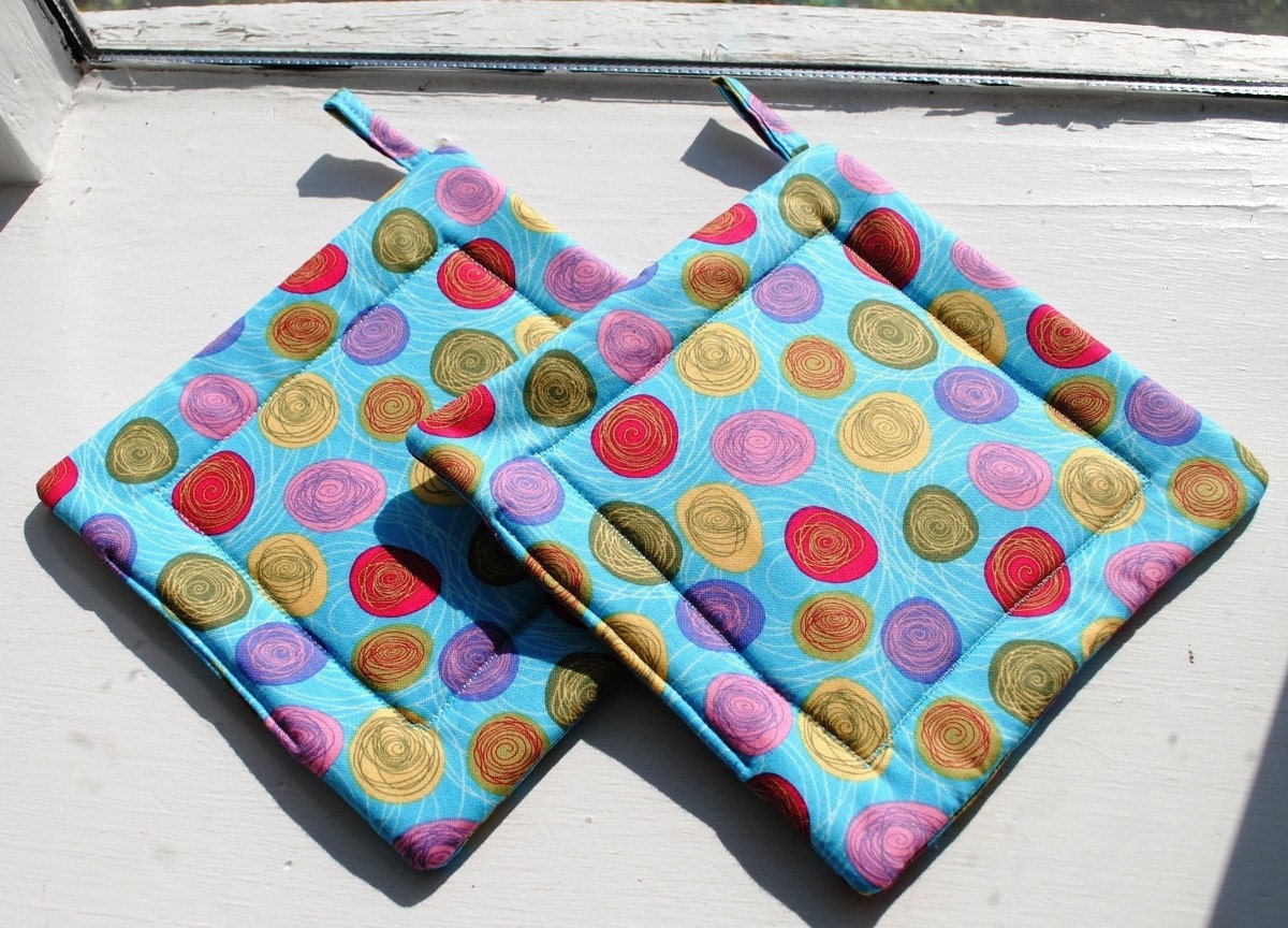 Handmade Quilted Pot Holders set of 2 Blue