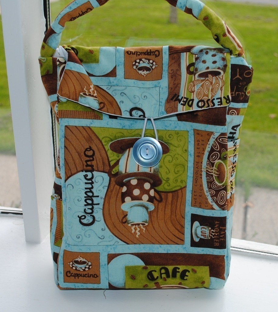 Handmade Reusable Lunch Bag Oversized Coffee Lover Insulated Picnic Sack Pouch