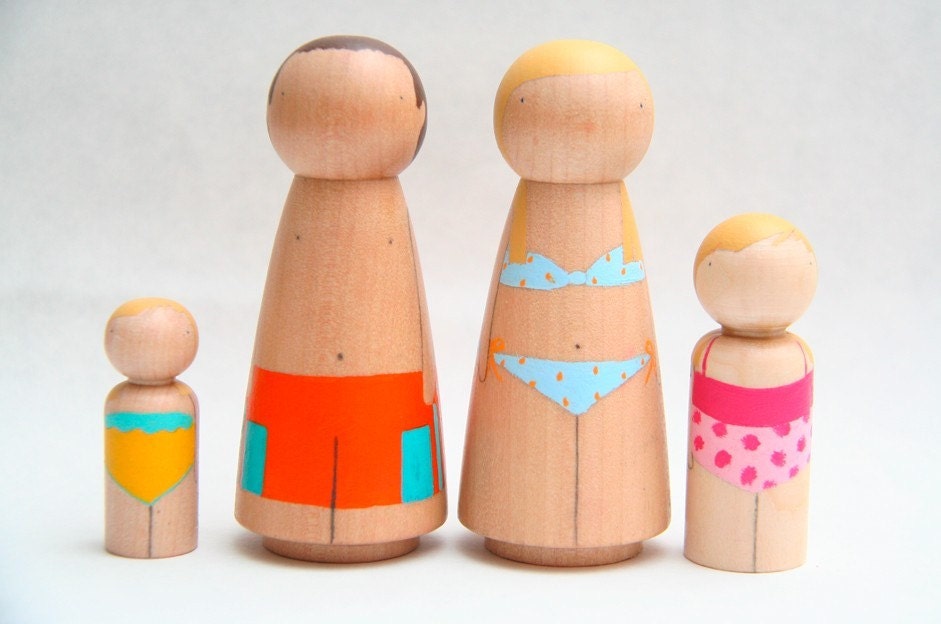 Custom Family of 4 - OOAK Hand-Painted Wooden Peg Dolls - Heirloom Toy