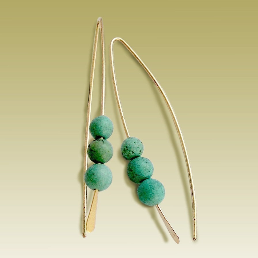 14K yellow gold filled long hook earrings with teal turquoise stones - Chic streaks