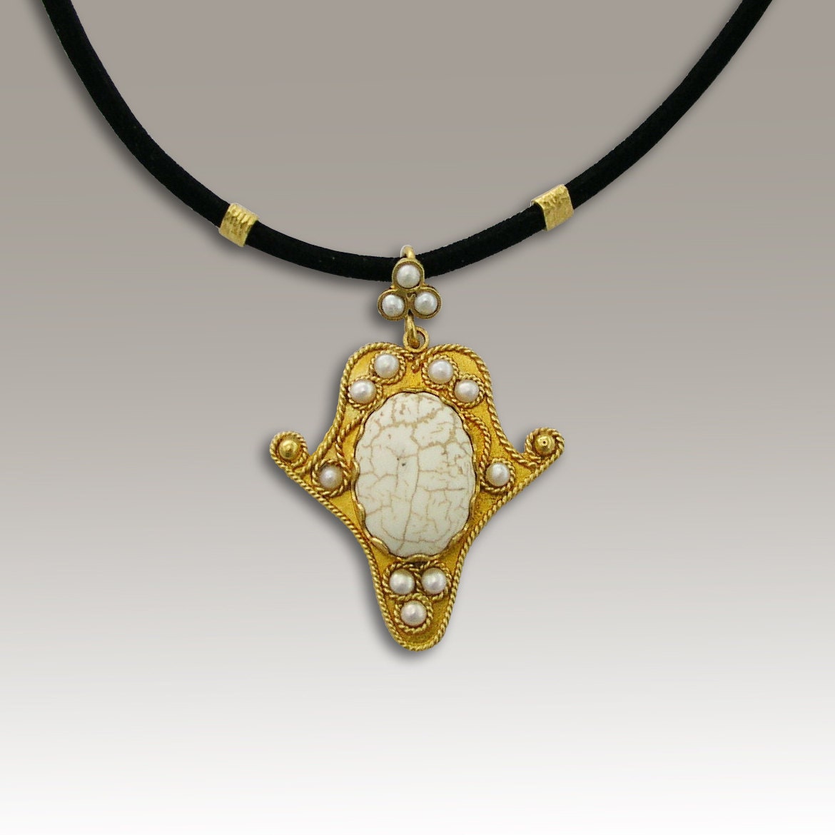 White turquoise and pearls set in 24k gold plated ethnic necklace - Wish u were here.