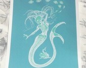 Mermaid Skeleton Archival Giclee Print 11 x 14 Inches Nautical Fantasy