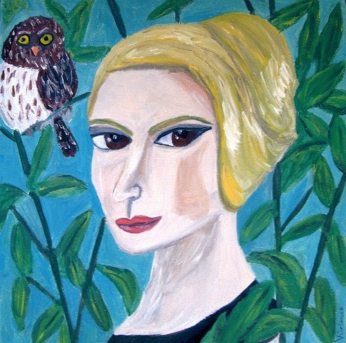 Vera with a northern pygmy owl.  Original oil painting by Vivienne Strauss.