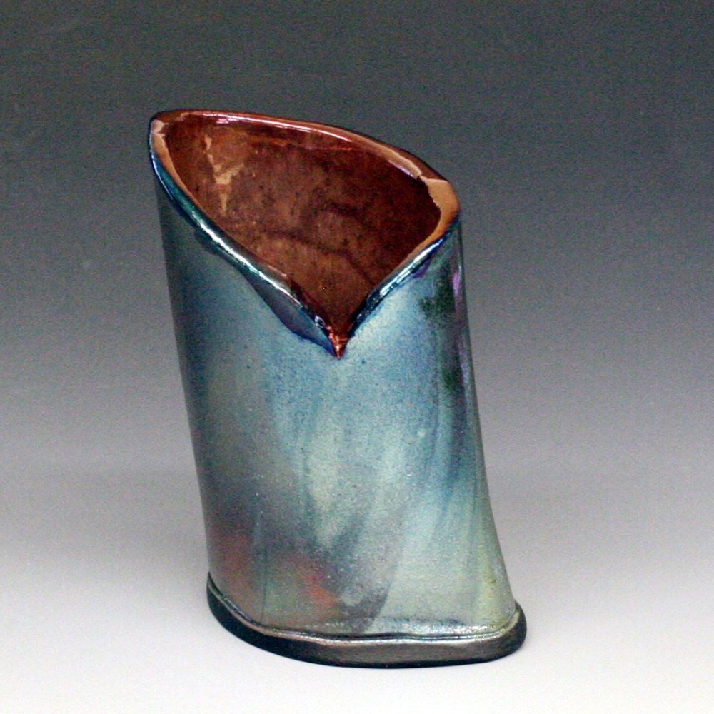 Glossy Blue Green Iridescent Oval Raku Vase