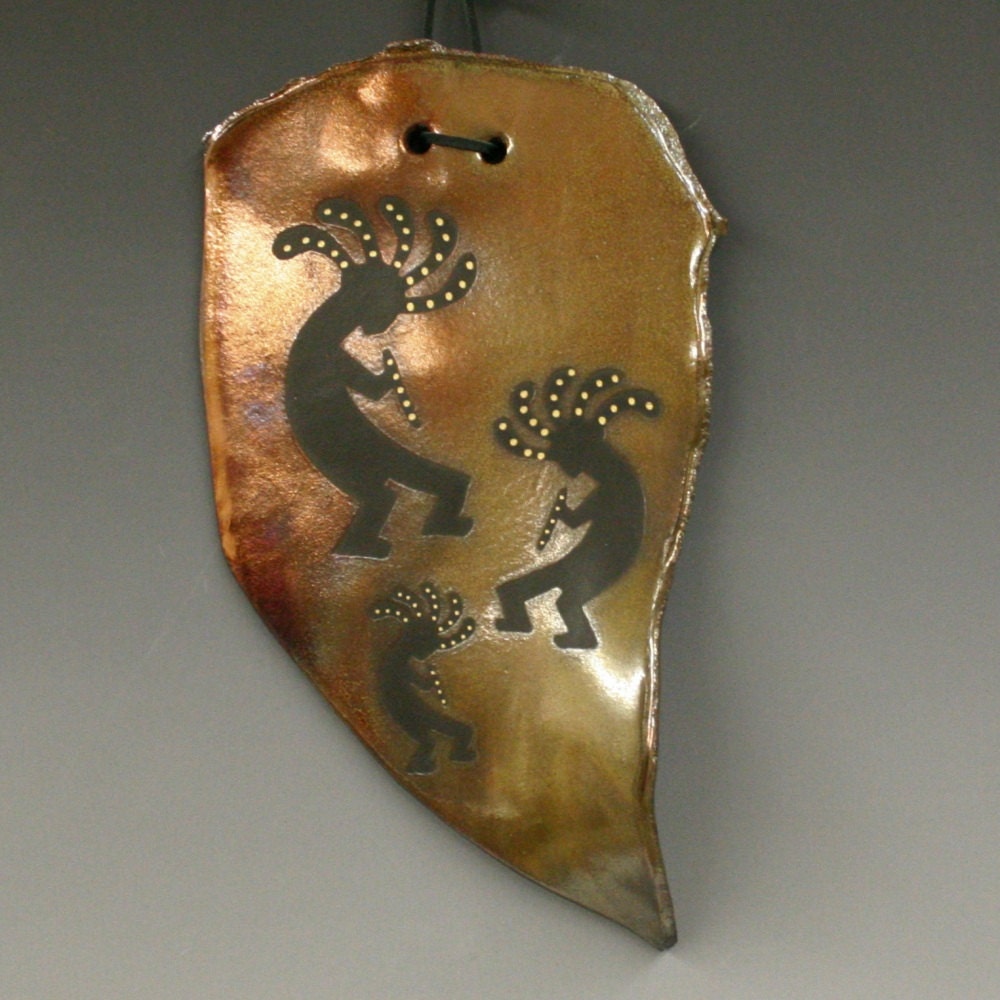 Iridescent Copper Kokopelli Raku Wall Hanging