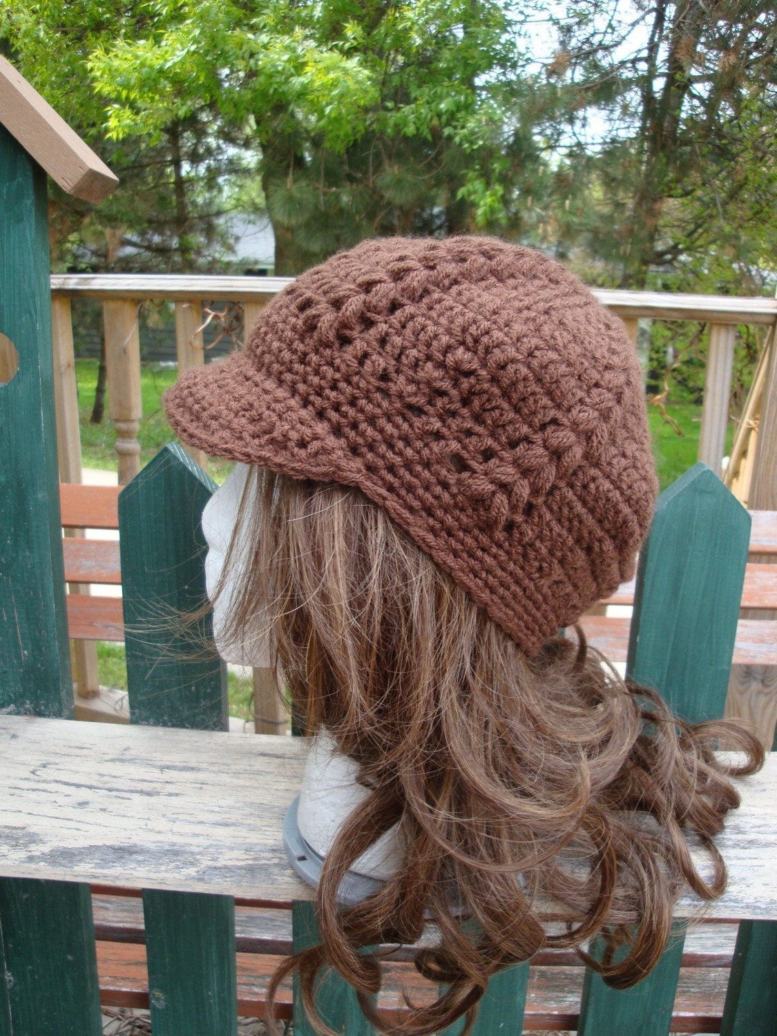 Crocheted Bobble Newsboy Beret-Tam-Snood Brimmed Hat...Chocolate Brown